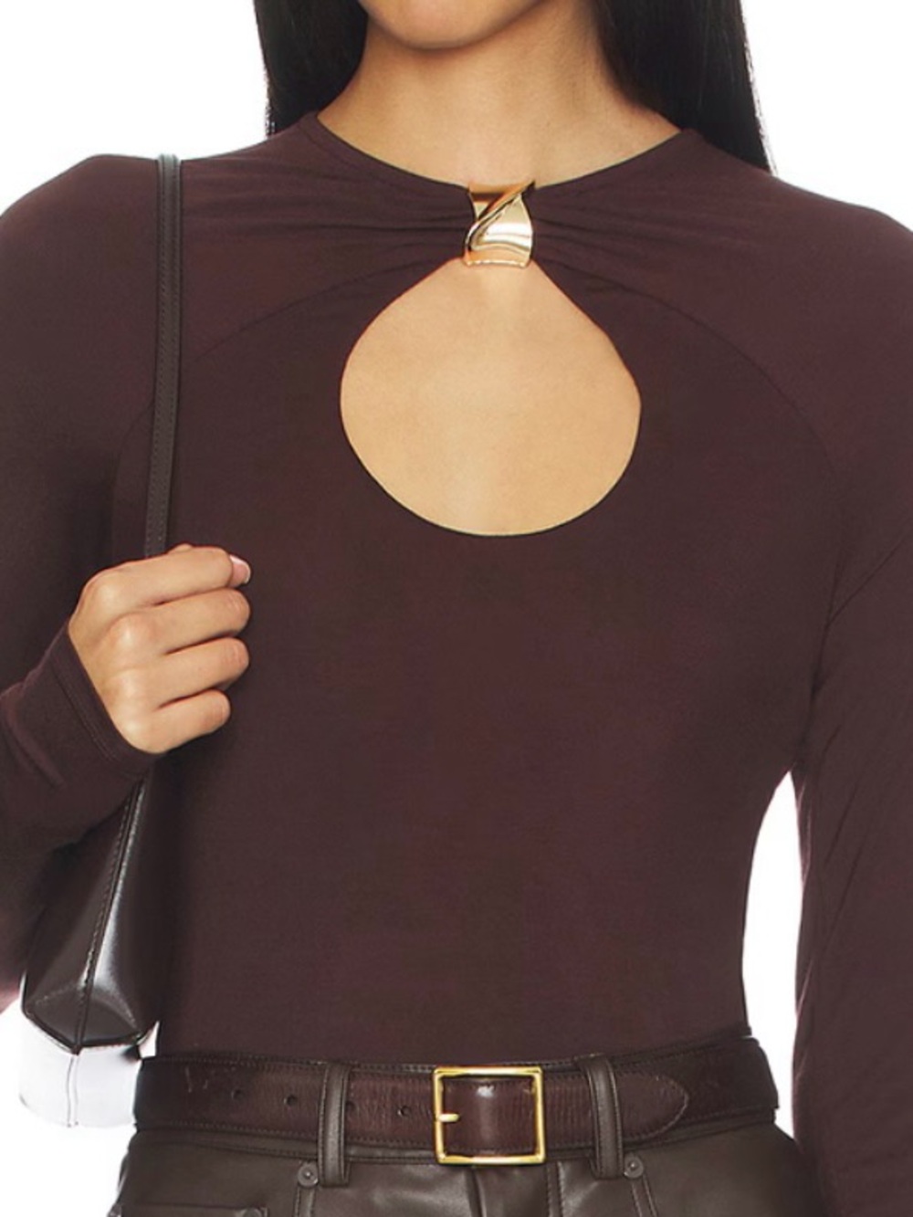Lovers + Friends Chocolate Brown Long-Sleeve Top with Gold Keyhole Accent